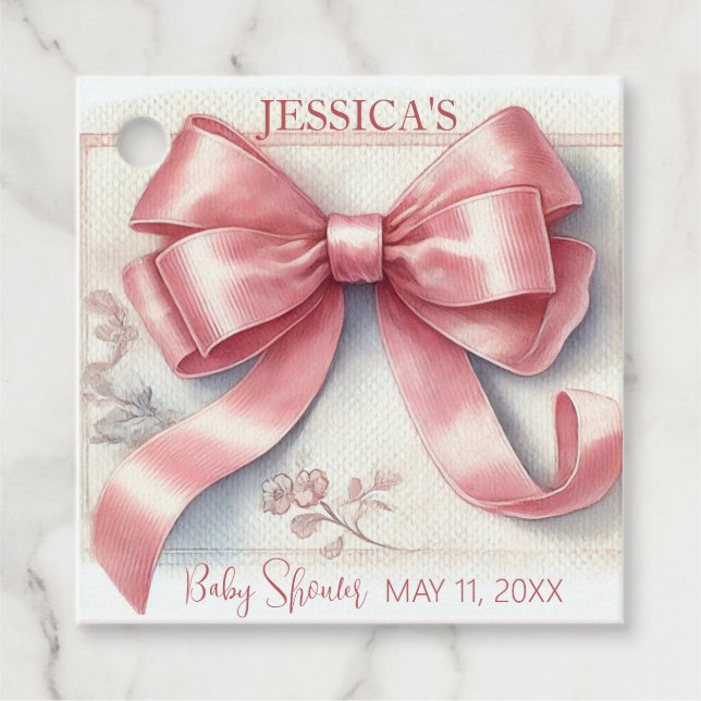 Elegant Coquette Rosa Bow Baby Shower Girl Gåvor Etiketter (Framsida)