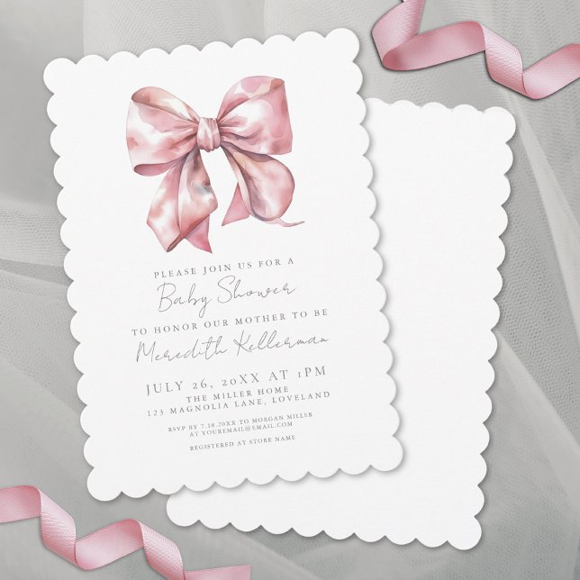 Elegant Coquette Rosa Bow Baby Shower Inbjudningar (Elegant Scallop Pink Bow Baby Shower Invitation)