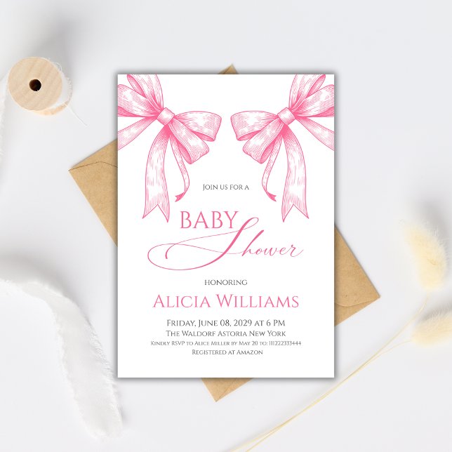Elegant Coquette Rosa Bows Girl Baby Shower Inbjudningar (Skapare uppladdad)