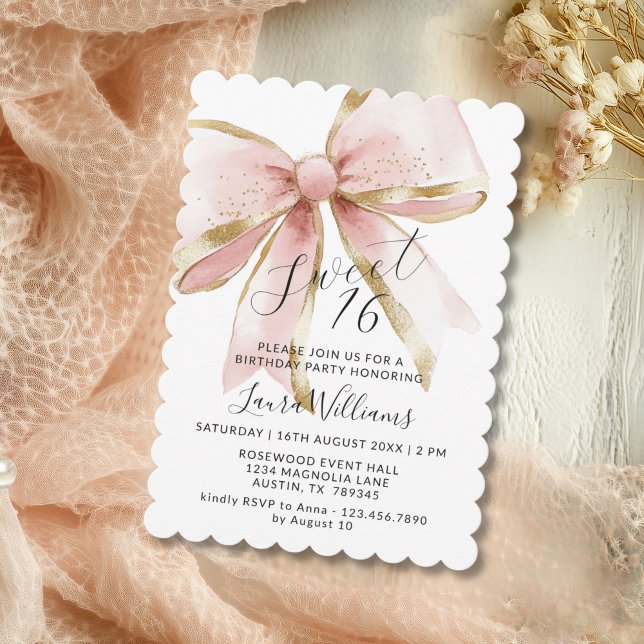 Elegant Coquette Rosa & Guldslinga Sweet 16 Inbjudningar (Elegant Coquette Pink and Gold Bow Sweet 16th Invitation)