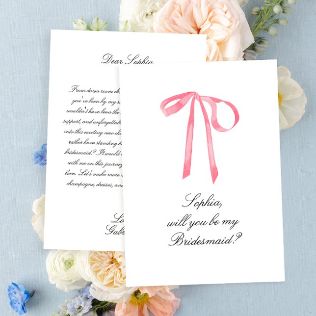 Elegant Coquette Rosa Ribbon Bow Bridesmaid Card (Elegant Pink Ribbon Bridesmaid card)