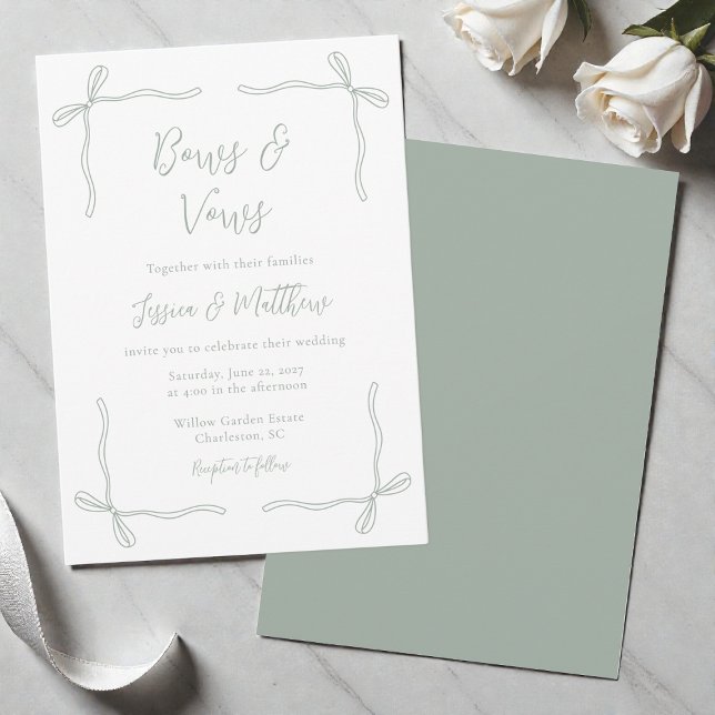 Elegant Coquette Sagegröna Bågar och Löften Bröllo Inbjudningar (Elegant Coquette Sage Green Bows and Vows Wedding Invitation)