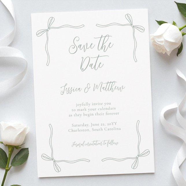 Elegant Coquette Sagegröna Bågar och Löften Bröllo Spara Datumet (Elegant Coquette Sage Green Bows and Vows Wedding Save The Date)