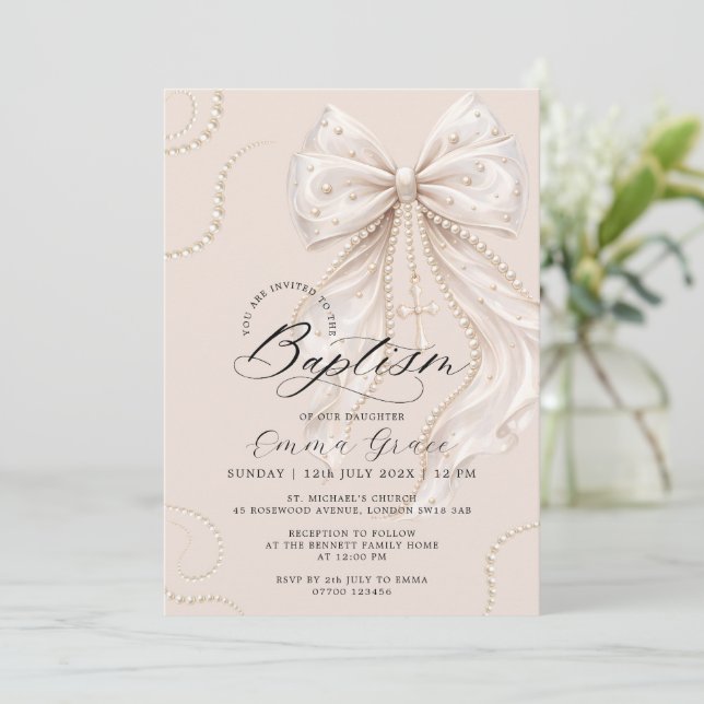 Elegant Coquette-slöja och pärl-dop Inbjudningar (Stående Fram)