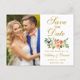 Elegant Coral Blommigt Guld Photo Save Date Vykort