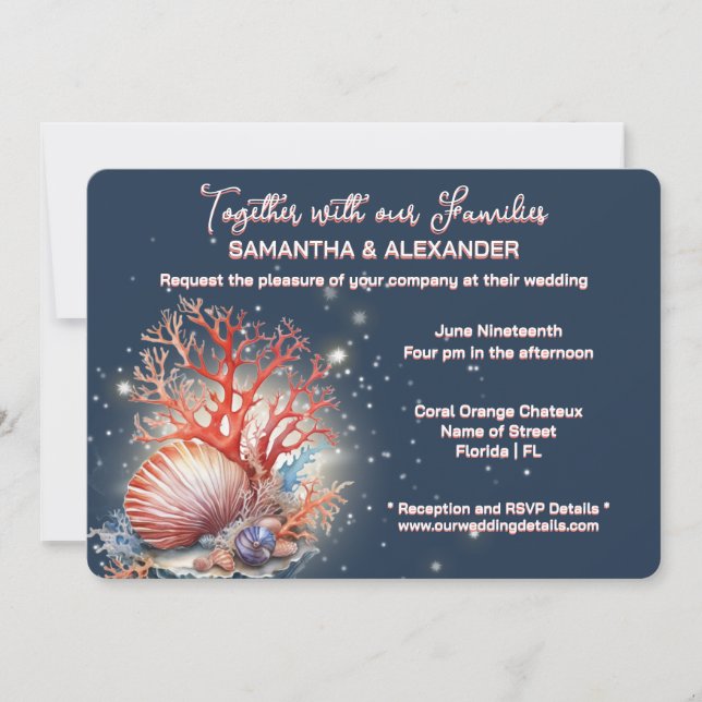 Elegant Coral Blue Beach Wedding Invitation Inbjudningar (Framsida)