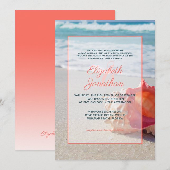 Elegant Coral Blue Tropical Beach Ombre Bröllop Inbjudningar (Fram/baksida)