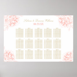 Elegant Coral Guld Blommigt Peony Bröllop Seating Poster