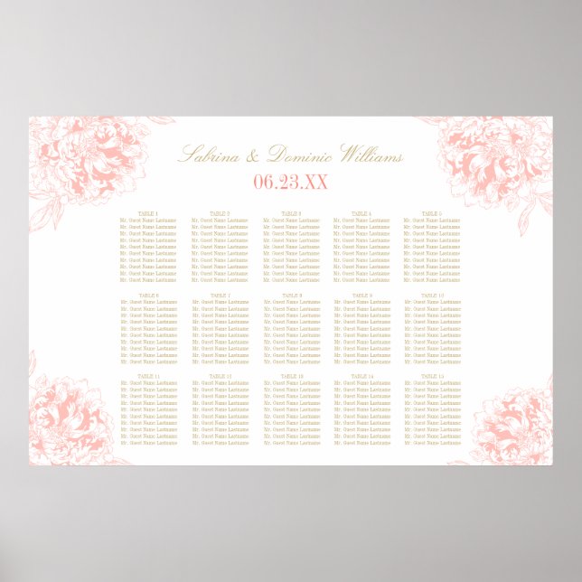 Elegant Coral Guld Blommigt Peony Bröllop Seating Poster (Framsidan)