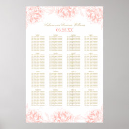 Elegant Coral Guld Blommigt Peony Bröllop Seating Poster