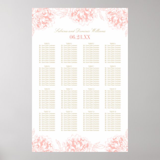 Elegant Coral Guld Blommigt Peony Bröllop Seating Poster (Framsidan)