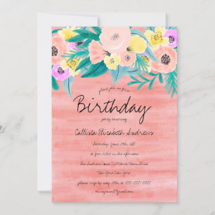 Elegant Coral Gult Blommigt Watercolor Birthday Inbjudningar