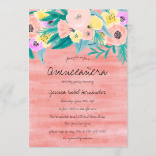 Elegant Coral Gult Blommigt Watercolor Quinceañera Inbjudningar
