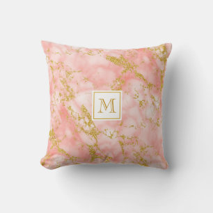 Elegant Coral Marble Monogram Faux Guld Glitter Kudde