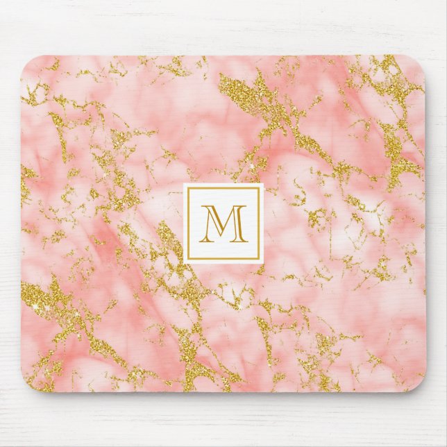 Elegant Coral Marble Monogram Faux Guld Glitter Musmatta (Framsidan)