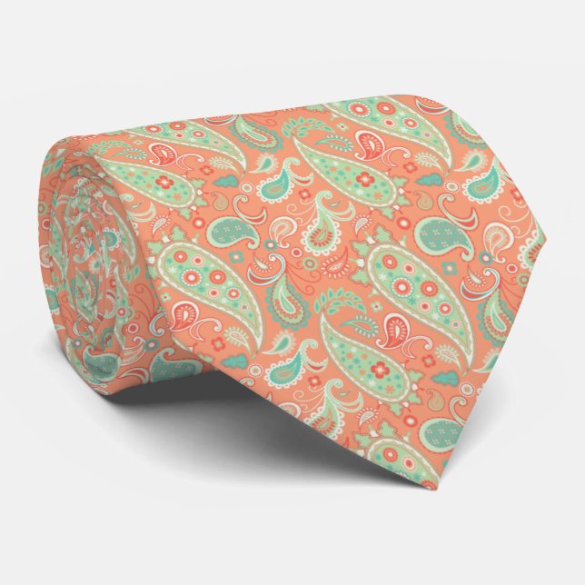 Elegant Coral & Mint Grönt Blommigt Paisley Slips (Rullad)