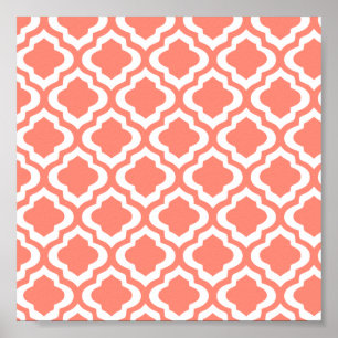 Elegant Coral Moroccan Trellis Quatrefoil Klöver Poster
