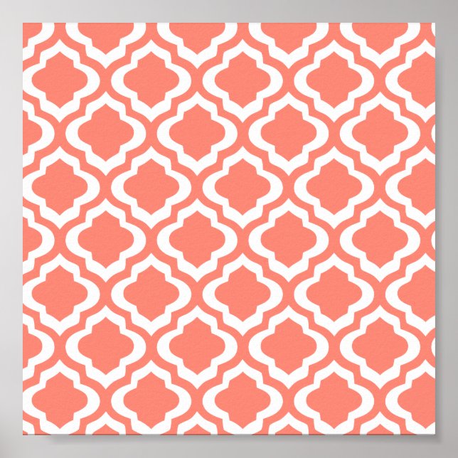 Elegant Coral Moroccan Trellis Quatrefoil Klöver Poster (Framsidan)