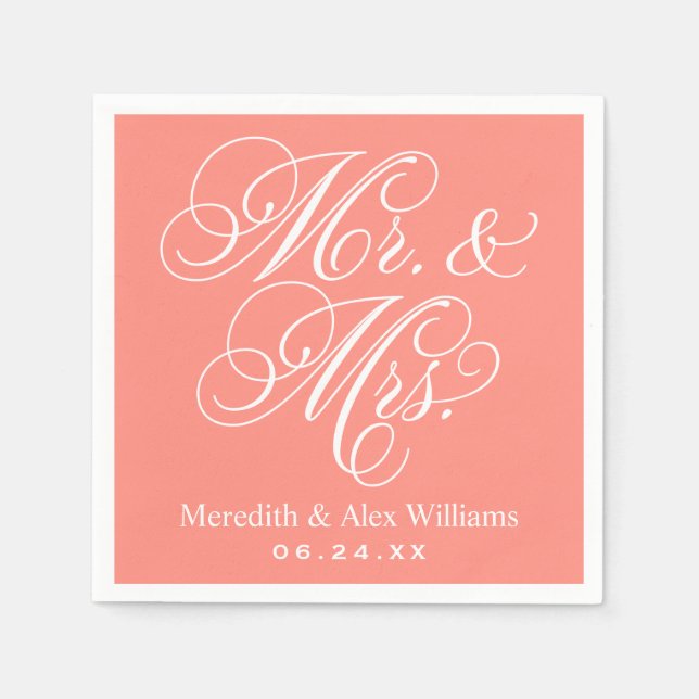Elegant Coral Mr and Mrs Script Bröllop Pappersservett (Framsidan)