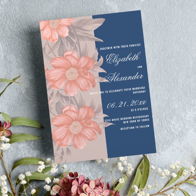 Elegant coral navy blue soft grått blommigt bröllo inbjudningar (Elegant coral navy blue soft gray floral wedding)