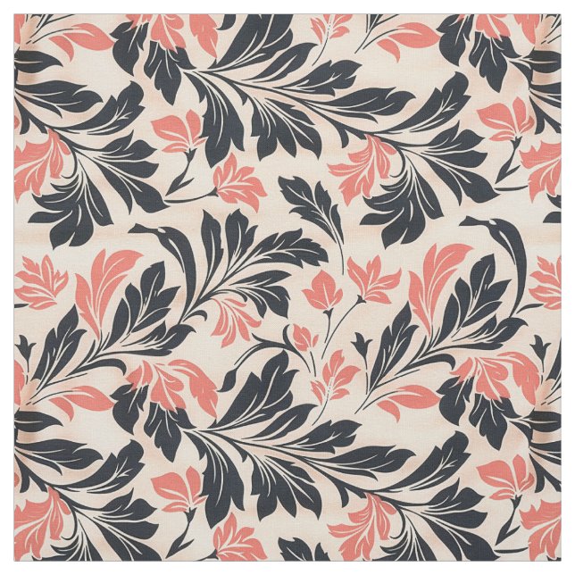 Elegant Coral och Svarta Löv Mönster Tyg (Provkarta)