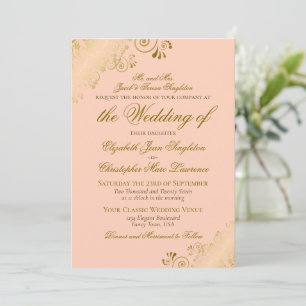 Elegant Coral Peach & Guld Classic Formal Bröllop Inbjudningar