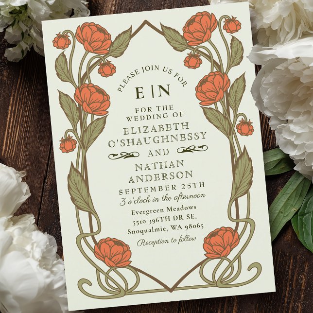 Elegant Coral Peony Art nouveau Blommigt Bröllop Inbjudningar (Skapare uppladdad)