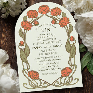 Elegant Coral Peony Art nouveau Blommigt Bröllop Inbjudningar