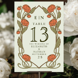 Elegant Coral Peony Art Nouveau Floral Wedding Bordsnummer