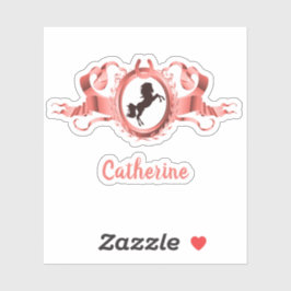 Elegant Coral Pink Horse Ribbon Crest Name Klistermärken