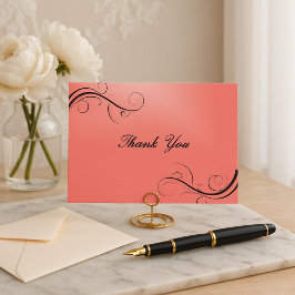 Elegant Coral Rosa & Black Flourish Tack Vykort