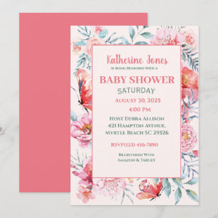 Elegant Coral Rosa Blommigt Baby Shower-inbjudan f Inbjudningar