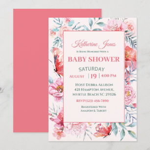 Elegant Coral Rosa Blommigt Baby Shower-inbjudan f Inbjudningar