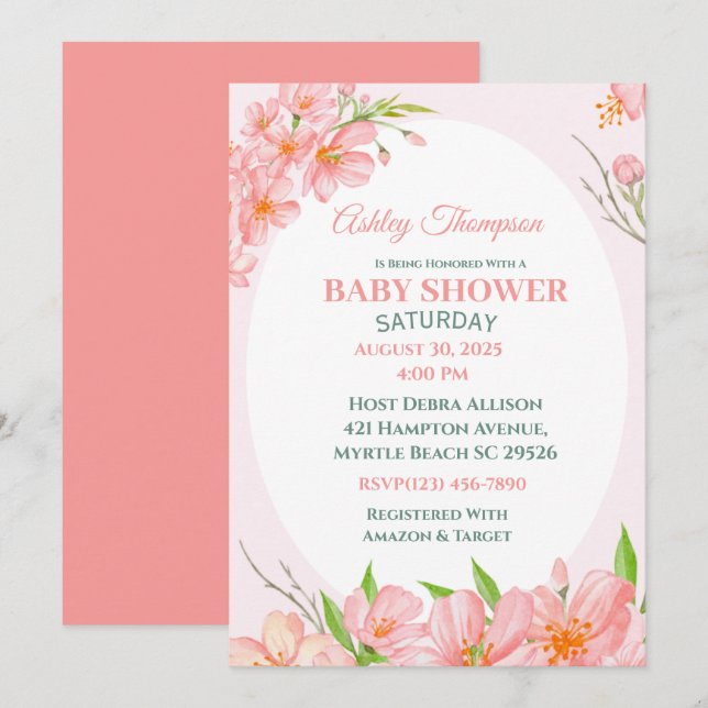 Elegant Coral Rosa Blommigt Baby Shower-inbjudan f Inbjudningar (Fram/baksida)