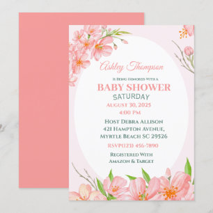 Elegant Coral Rosa Blommigt Baby Shower-inbjudan f Inbjudningar