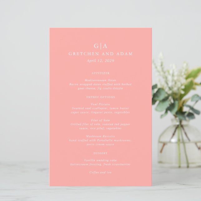 Elegant Coral Rosa Modern Bröllop Menu (Stående Fram)