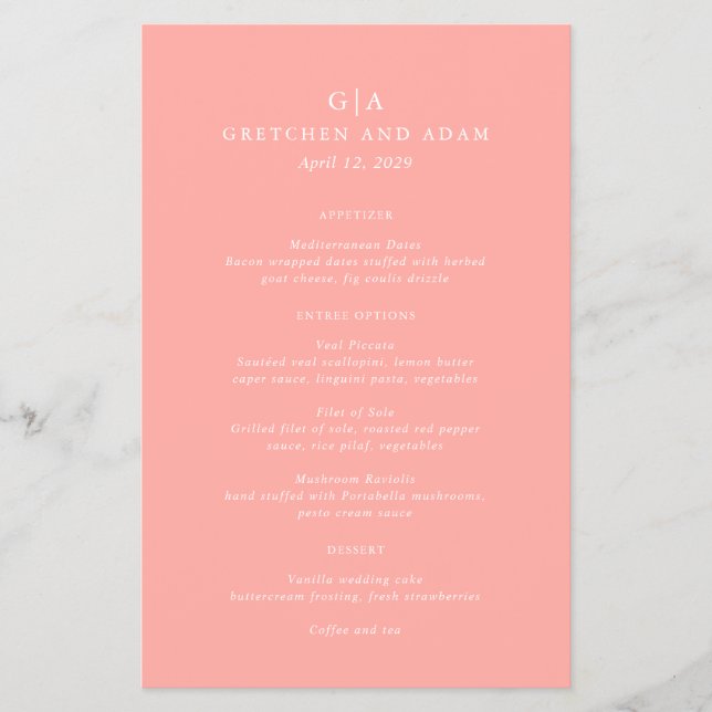 Elegant Coral Rosa Modern Budget Bröllop Menu Flygblad (Framsidan)