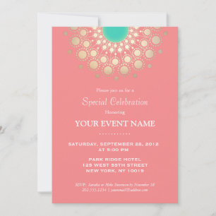 Elegant Coral Rosa och Guld Circle Motif Party Inbjudningar