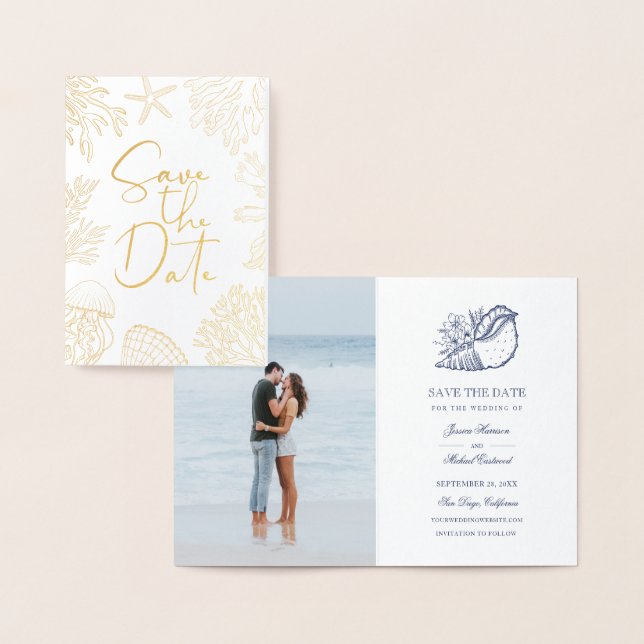 Elegant Coral Seashell Classy Photo Save Date Folierat Kort (Display)