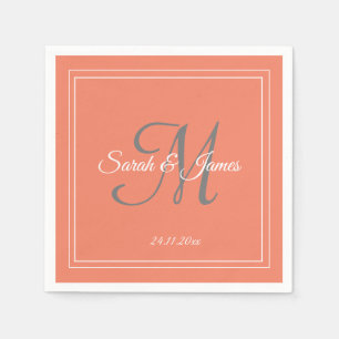 Elegant Coral White Monogram Bröllop Pappersservet Pappersservett