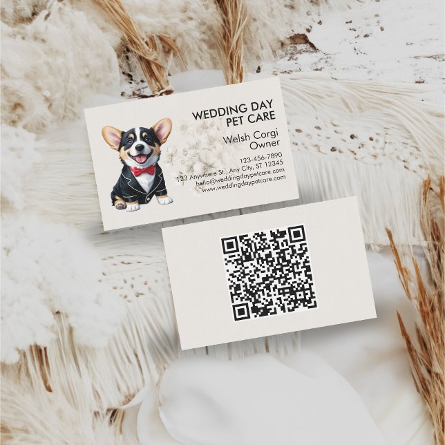 Elegant Corgi Bröllopsdag Djuromsorg Visitkort (Elegant Corgi Wedding Day Pet Care Business Card)