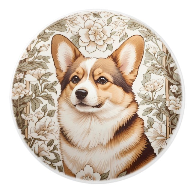 Elegant Corgi Cream Floral William Morris Inspired Knopp (Framsidan)