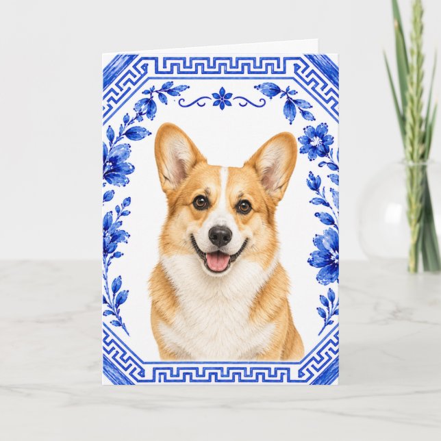 Elegant Corgi Välkomstkort | Blå & Vit Chinois Kort (Framsida)