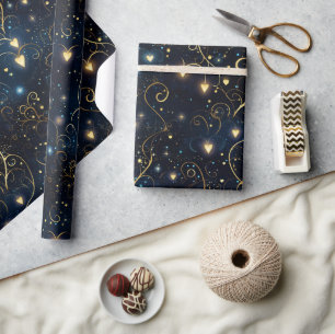 Elegant Cosmic Glowing Hearts in Blue and Guld Presentpapper