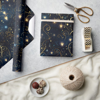 Elegant Cosmic Glowing Hearts in Blue and Guld Presentpapper