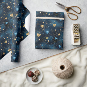 Elegant Cosmic Hearts in Blue and Guld Presentpapper
