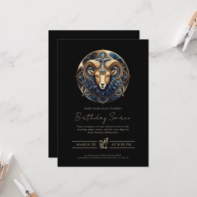 Elegant Cosmic Ram Zodiac Symbol Black Gold Aries Inbjudningar (Fram/Back In Situ)