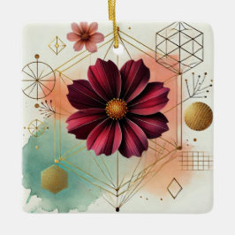 Elegant Cosmos Flower med Geometric Art och Vatten Julgransprydnad Keramik