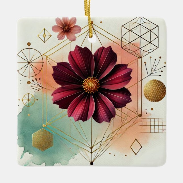 Elegant Cosmos Flower med Geometric Art och Vatten Julgransprydnad Keramik (Framsida)
