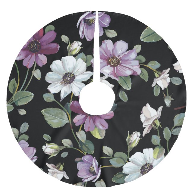 Elegant Cosmos Flowers: Vattenfärg Sömlös. Julgransmatta Borstad Polyester (Framsidan)
